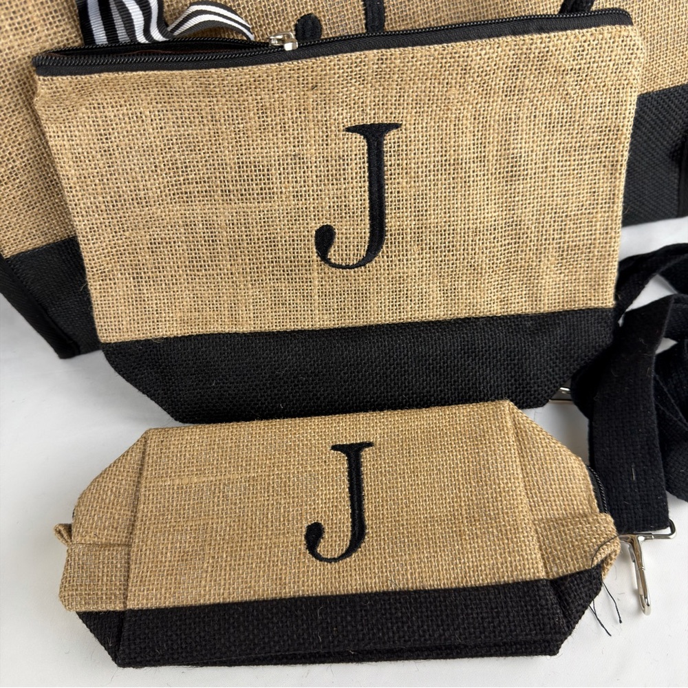 NWOT Jute Tote Bag 3 piece Set with Black Accent Letter J - Picture 3 of 11